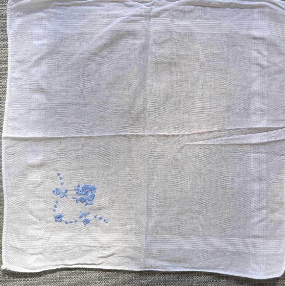 6 Hankies With Blue Flower Embroidery